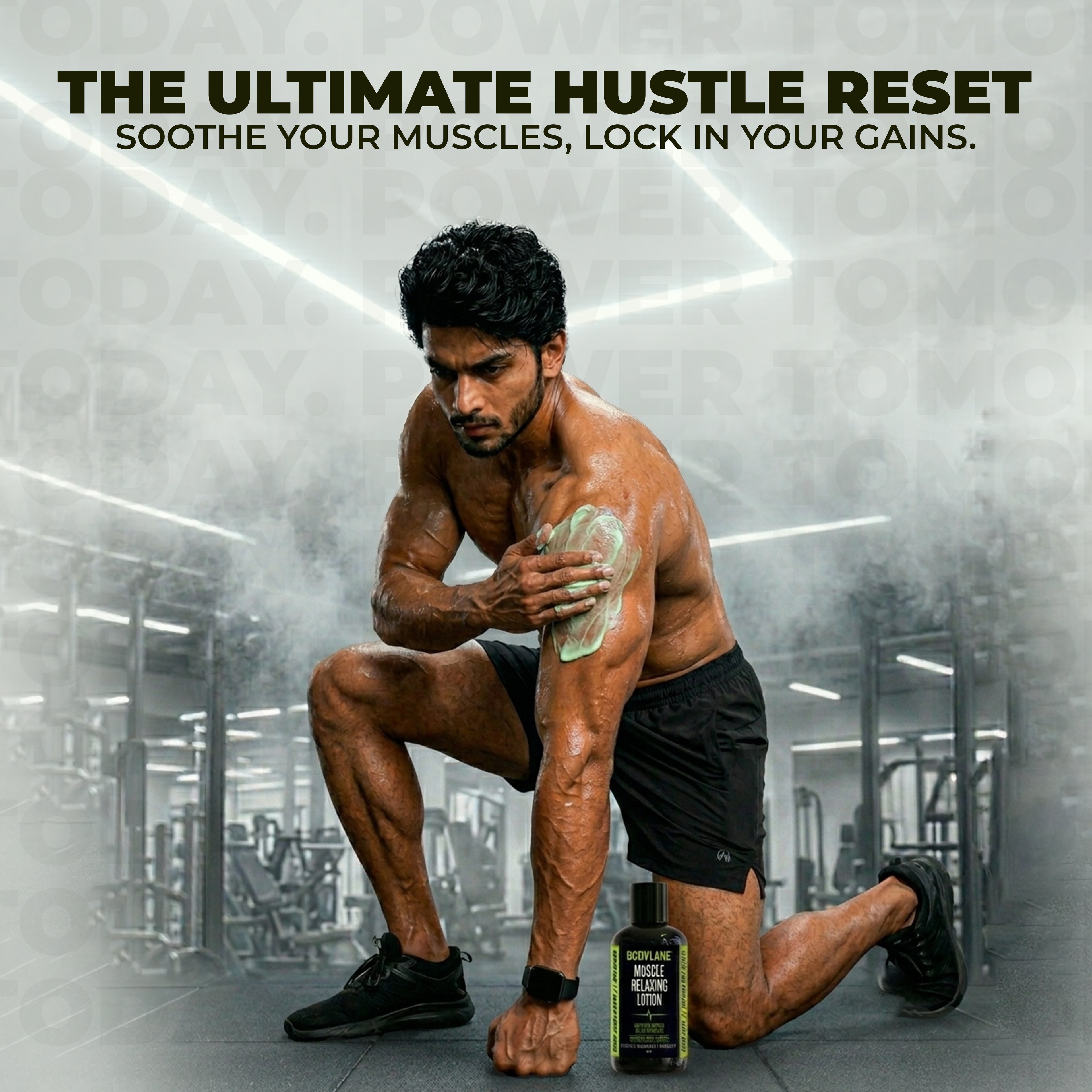 Man applying lotion to his arm with gym equipment in the background, promoting a product for muscle recovery.