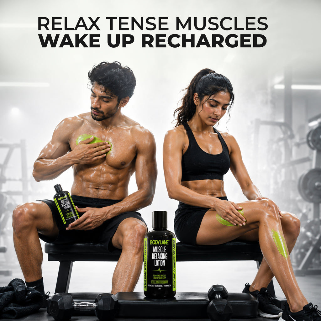 Two people sitting on a bench with muscle-relaxing lotion bottles and green gel, gym equipment in the background.