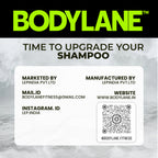 Bodylane shampoo advertisement with contact information on a marble background