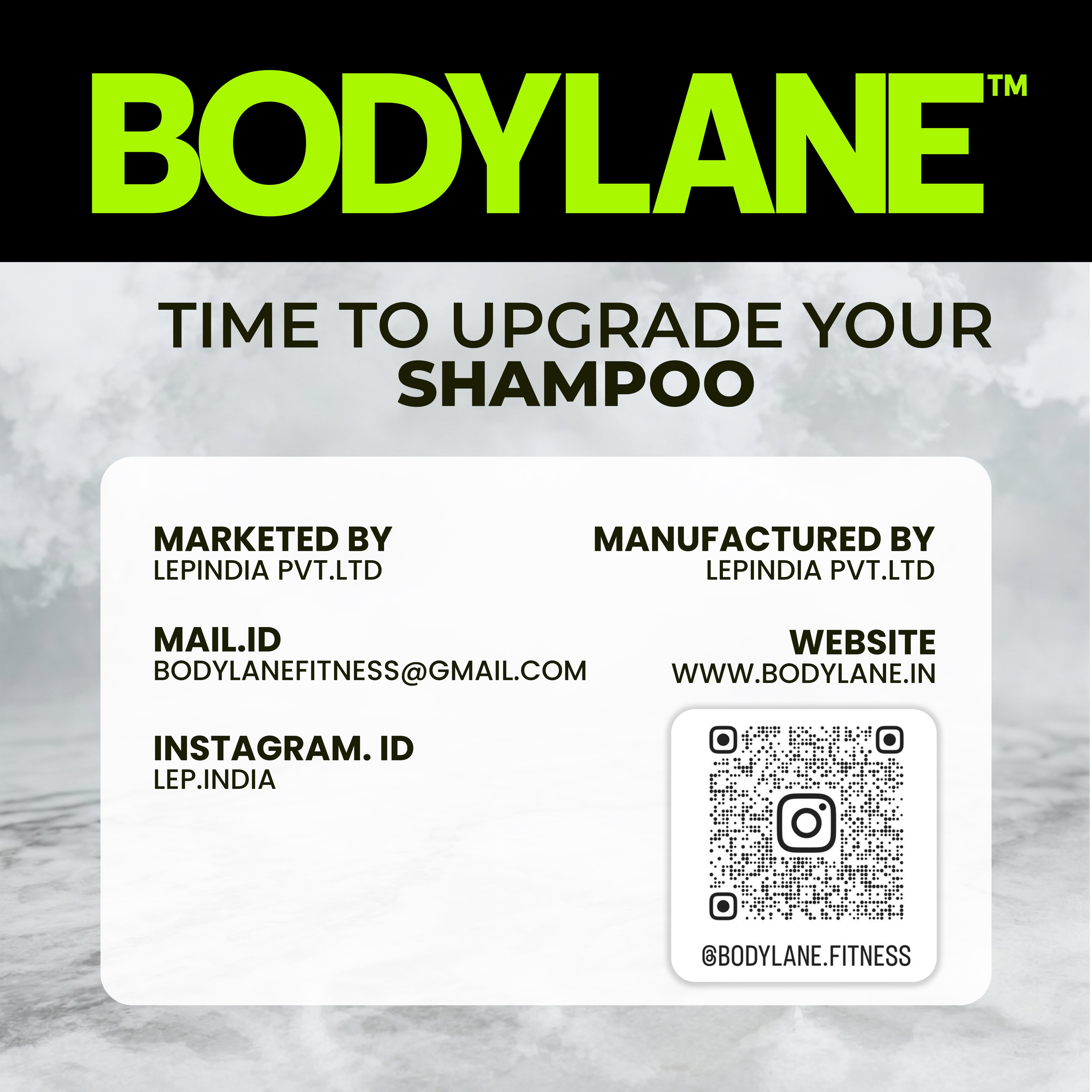 Bodylane shampoo advertisement with contact information on a marble background