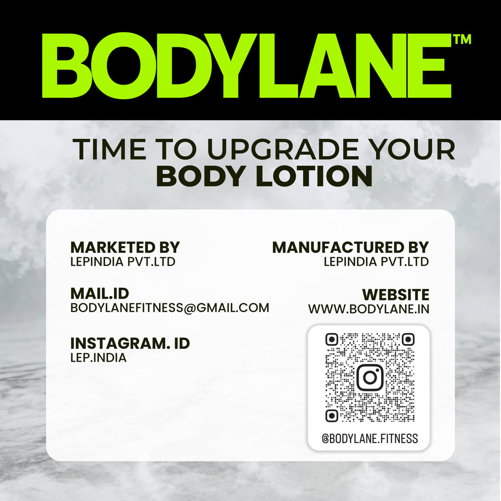 Bodylane product packaging with branding and contact information on a gray background