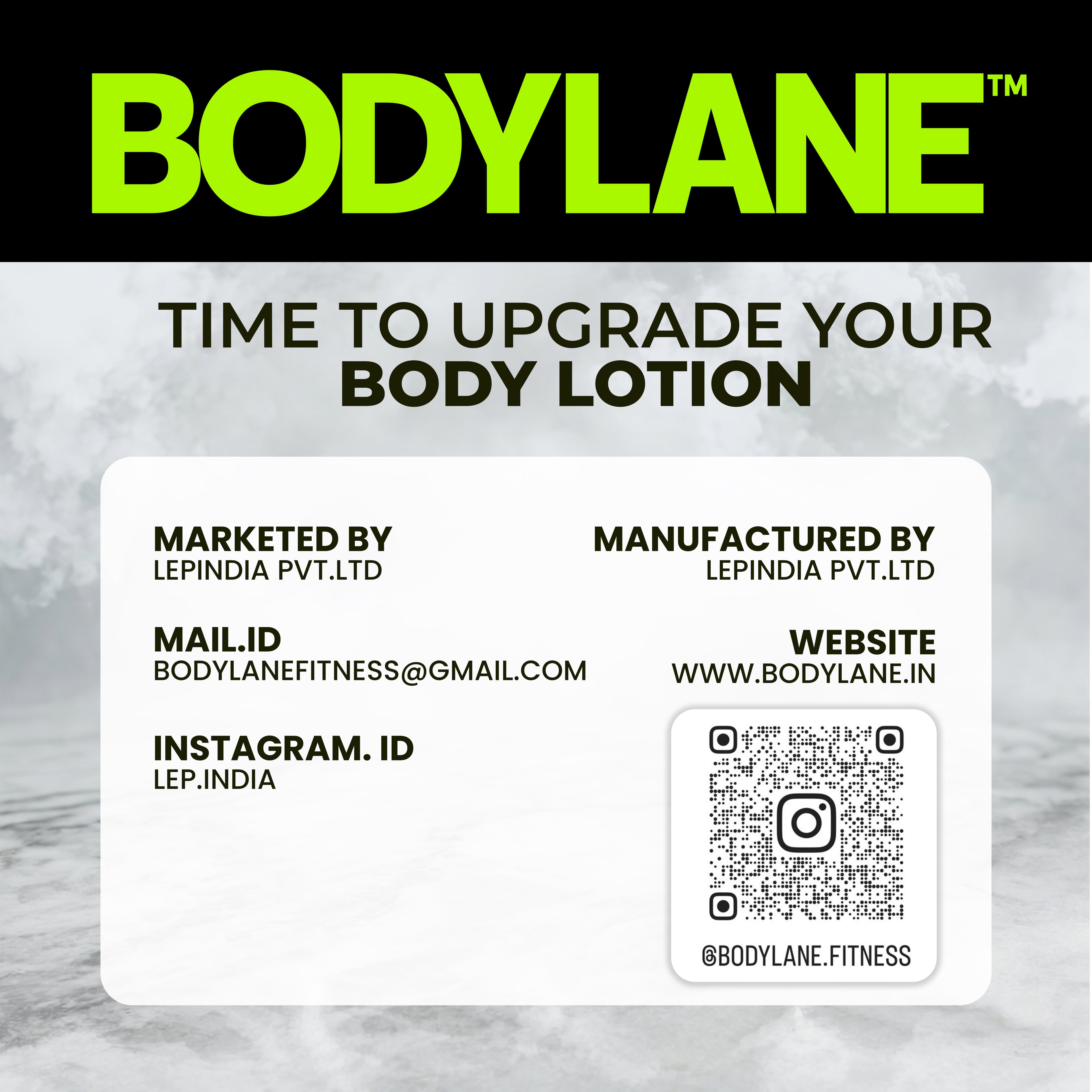 Bodylane product packaging with branding and contact information on a gray background