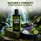 Bodylane Relaxation Shampoo bottle with nature-themed elements on a scenic background