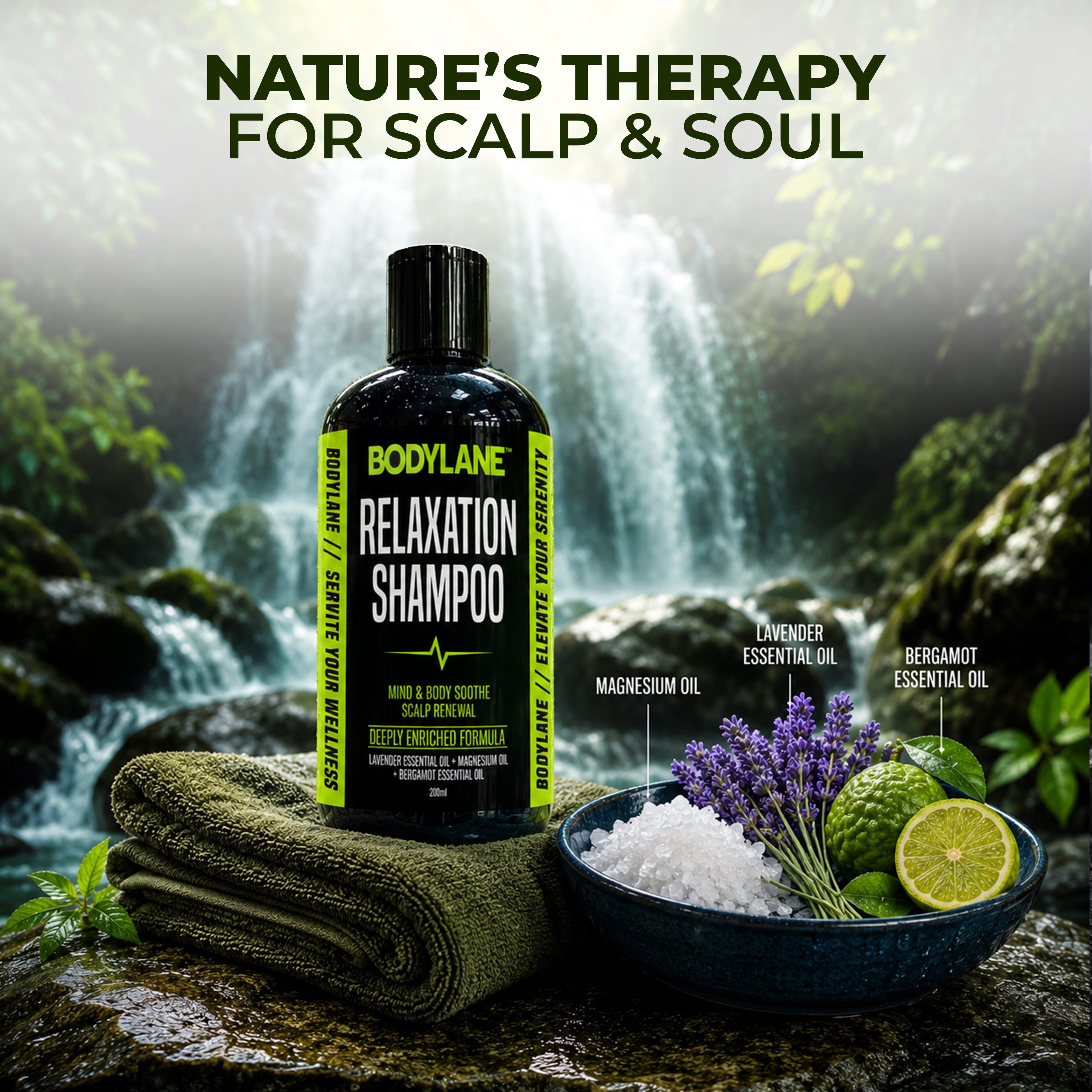 Bodylane Relaxation Shampoo bottle with nature-themed elements on a scenic background
