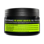 Pre-workout cooling gel container with black lid and green label on a white background