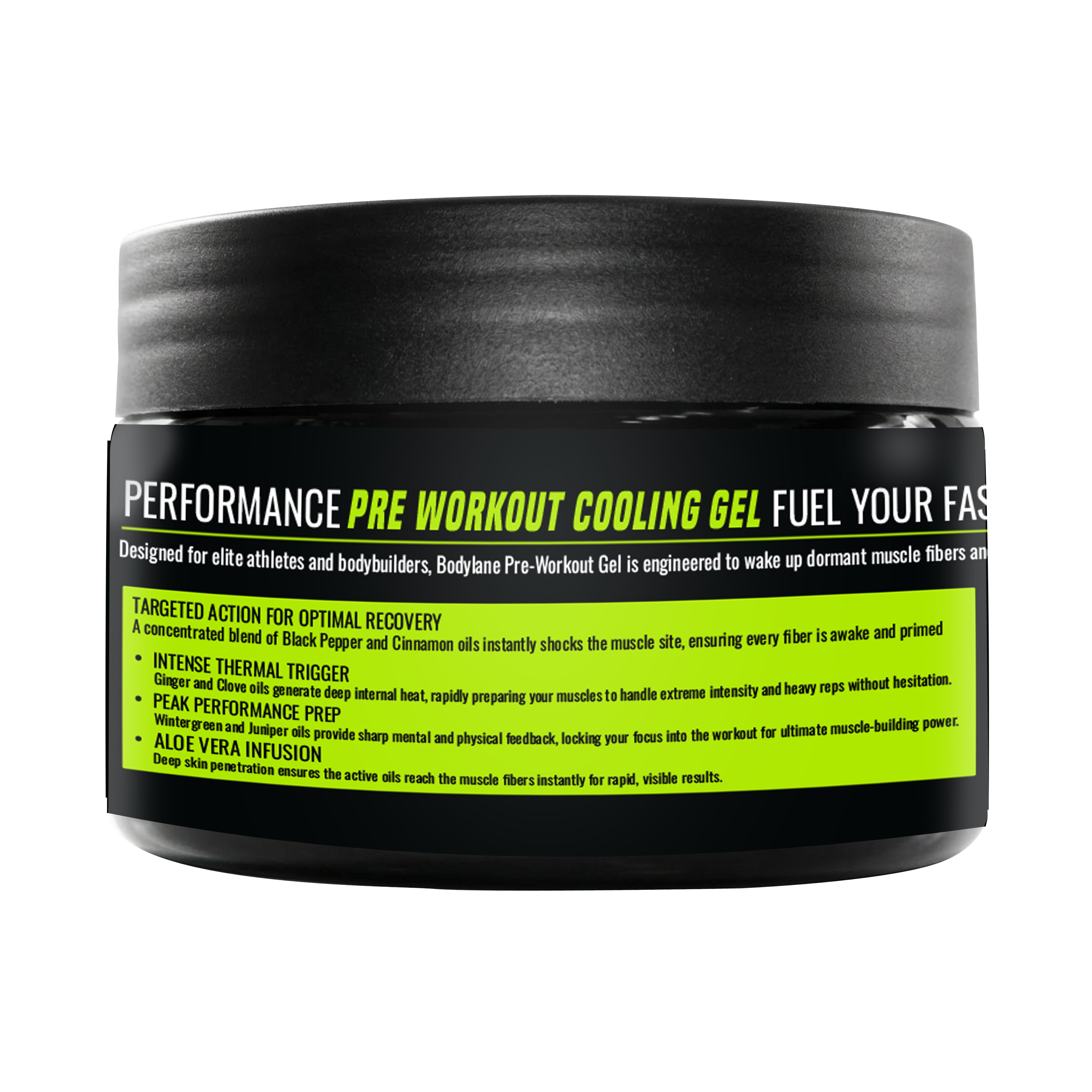 Pre-workout cooling gel container with black lid and green label on a white background