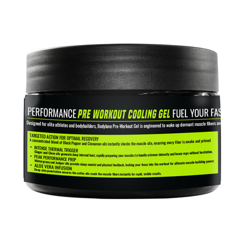 Pre-workout cooling gel container with black lid and green label on a white background