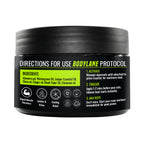 Bodylane Protocol product container with black lid and label on a white background with ingredients list aloe vera gel , winter green oil, juniper oi, clove oil, ginger oil, black paper oil, cinnamon oil and how to use  use step guidance
