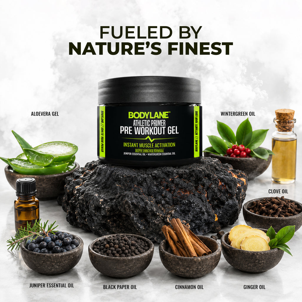 Bodylane pre-workout gel with natural ingredients on a textured white background