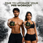 Two people holding pre-workout supplement containers in a gym setting with text 'Time to Upgrade Your Pre-Workout'.