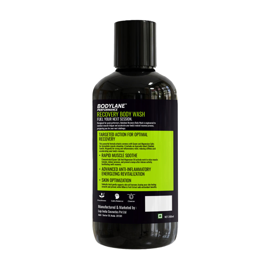 Bodylane Recovery Body Wash directions for use and deeply enriched formula details
