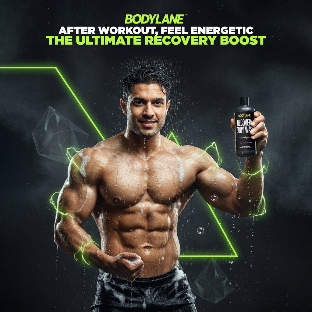 Athlete using Bodylane Recovery Body Wash for better muscle recovery after gym