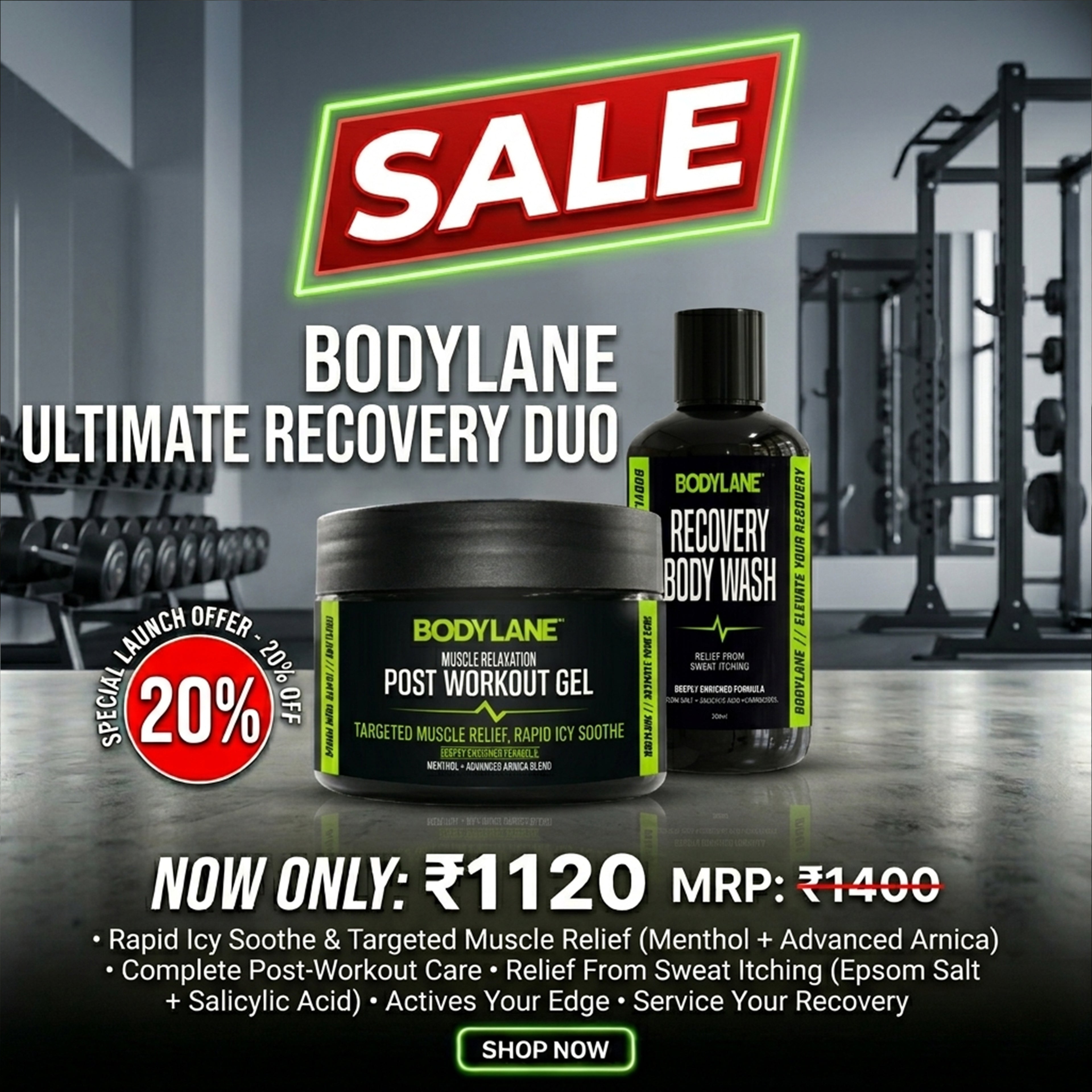 Exclusive launch offer 20% discount on Bodylane Recovery Combo including Post-Workout Gel and Performance Body Wash