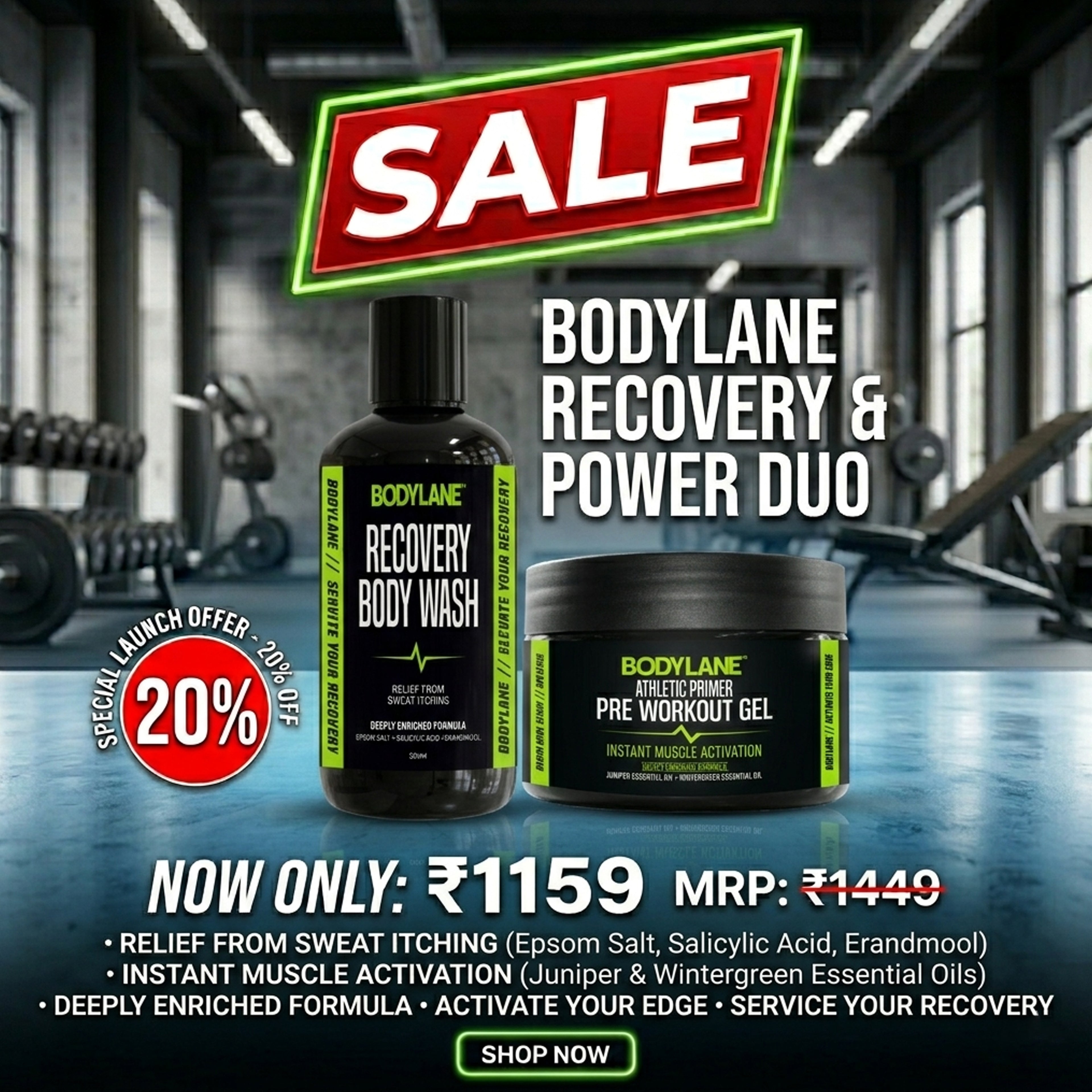 bodylane Recovery and Power Duo combo featuring Athletic Primer Pre-Workout Gel and Recovery Body Wash with 20% discount