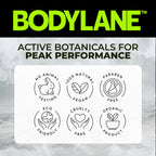 Bodylane branding with icons for active botanicals, animal testing, vegan, paraben-free, eco-friendly, cruelty-free, and organic product certifications on a textured background.