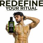 Man with soap suds holding a bottle of Bodylane Recovery Body Wash with text 'Redefine Your Ritual' on a white background.