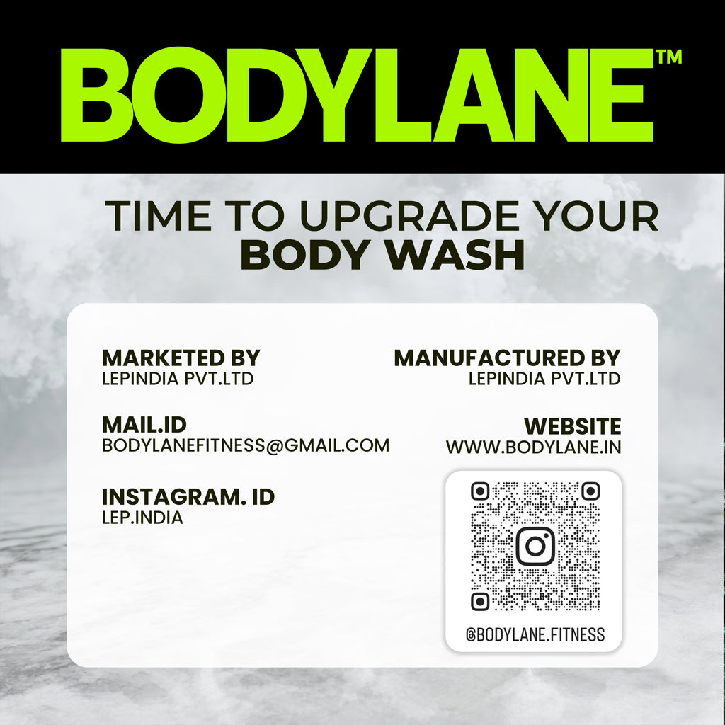 Bodylane product label with branding and contact information on a marble background