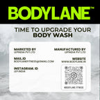 Bodylane product label with branding and contact information on a marble background