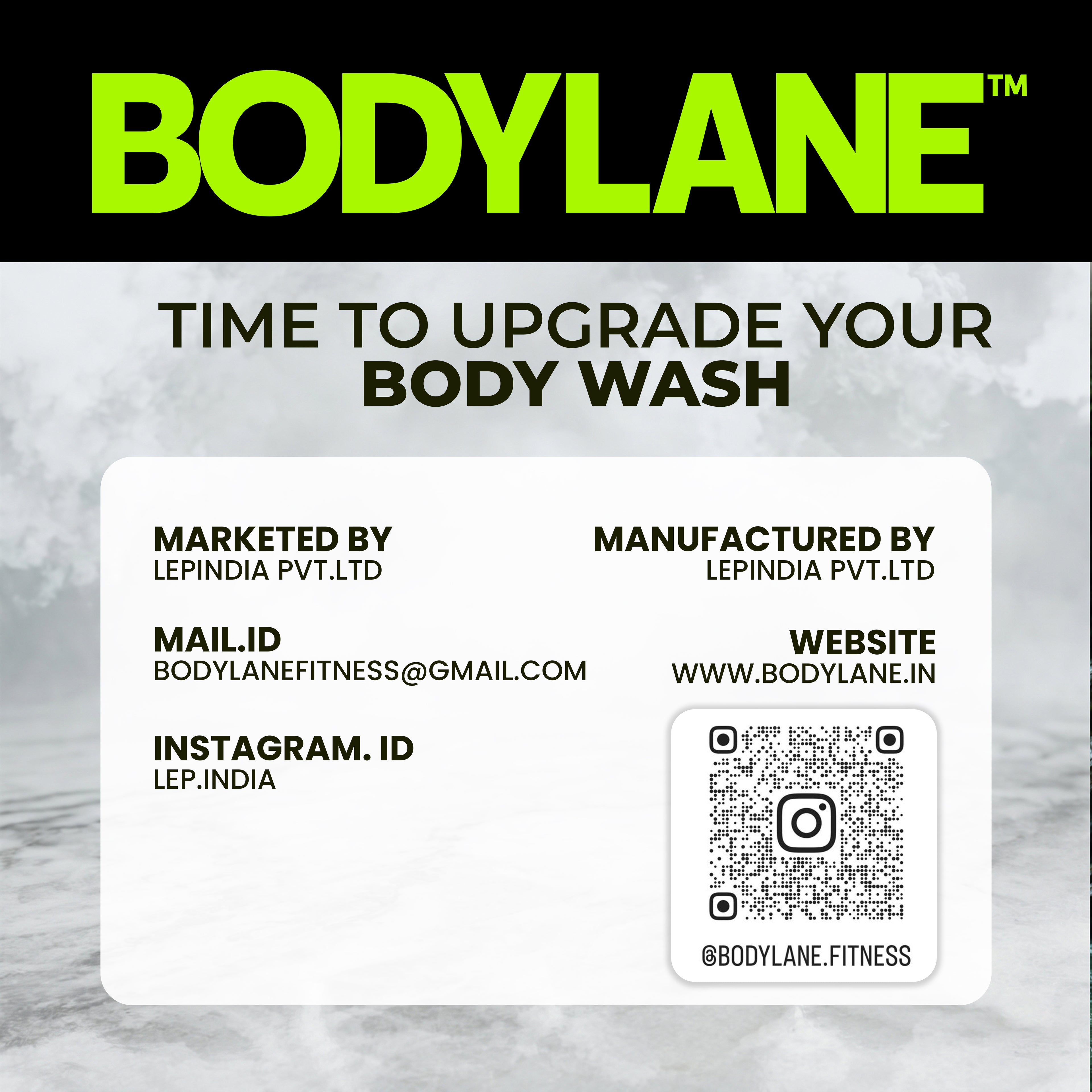 Bodylane product label with branding and contact information on a marble background