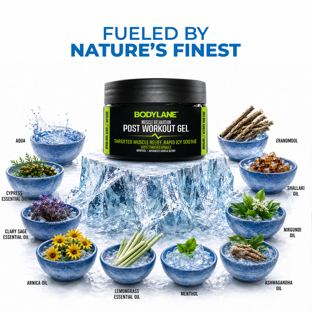 Bodylane post-workout gel with natural ingredients displayed around it on a white background.