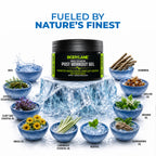 Bodylane post-workout gel with natural ingredients displayed around it on a white background.