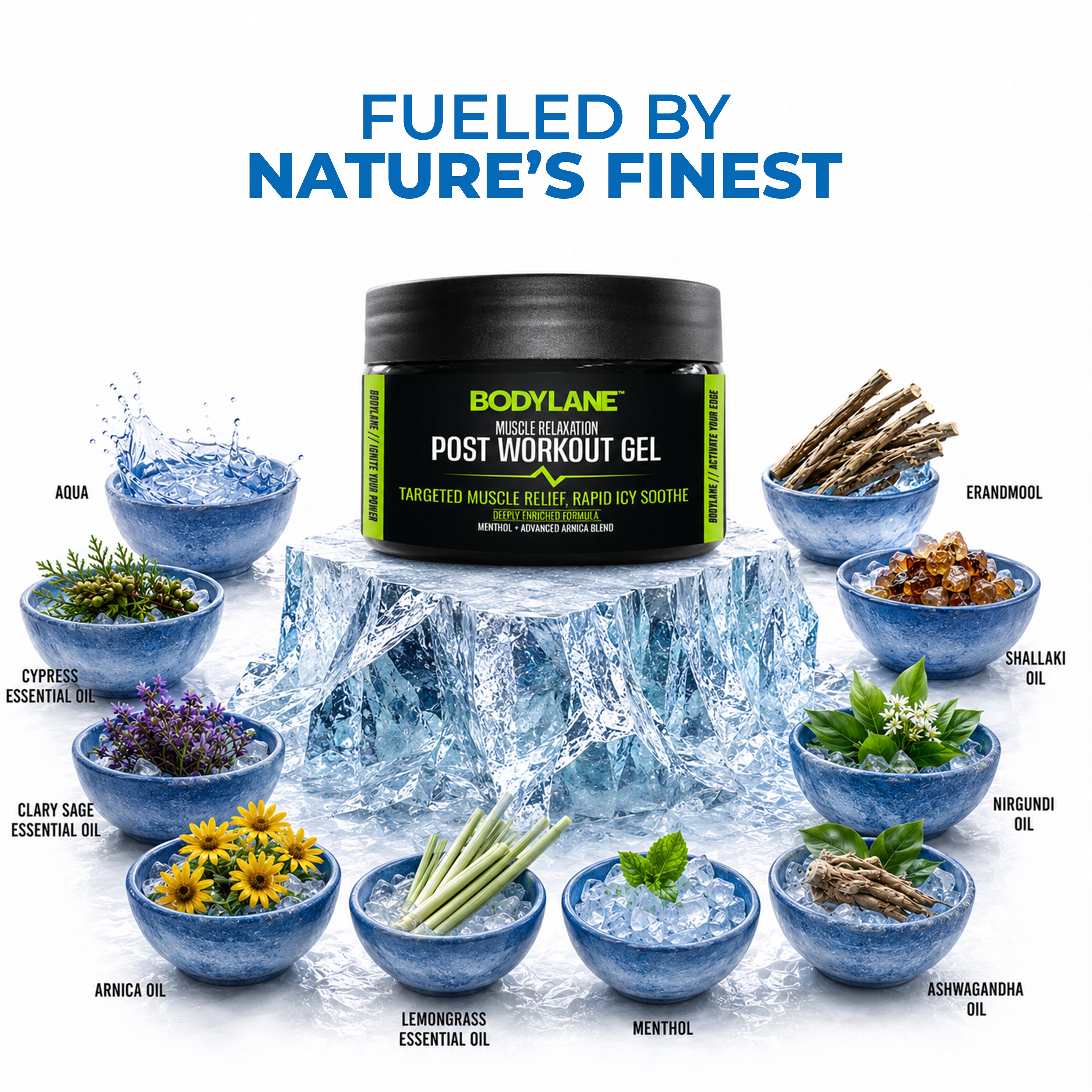 Bodylane post-workout gel with natural ingredients displayed around it on a white background.