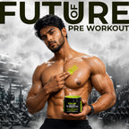 Man applying pre-workout gel in a gym setting with 'Future Pre Workout' text.
