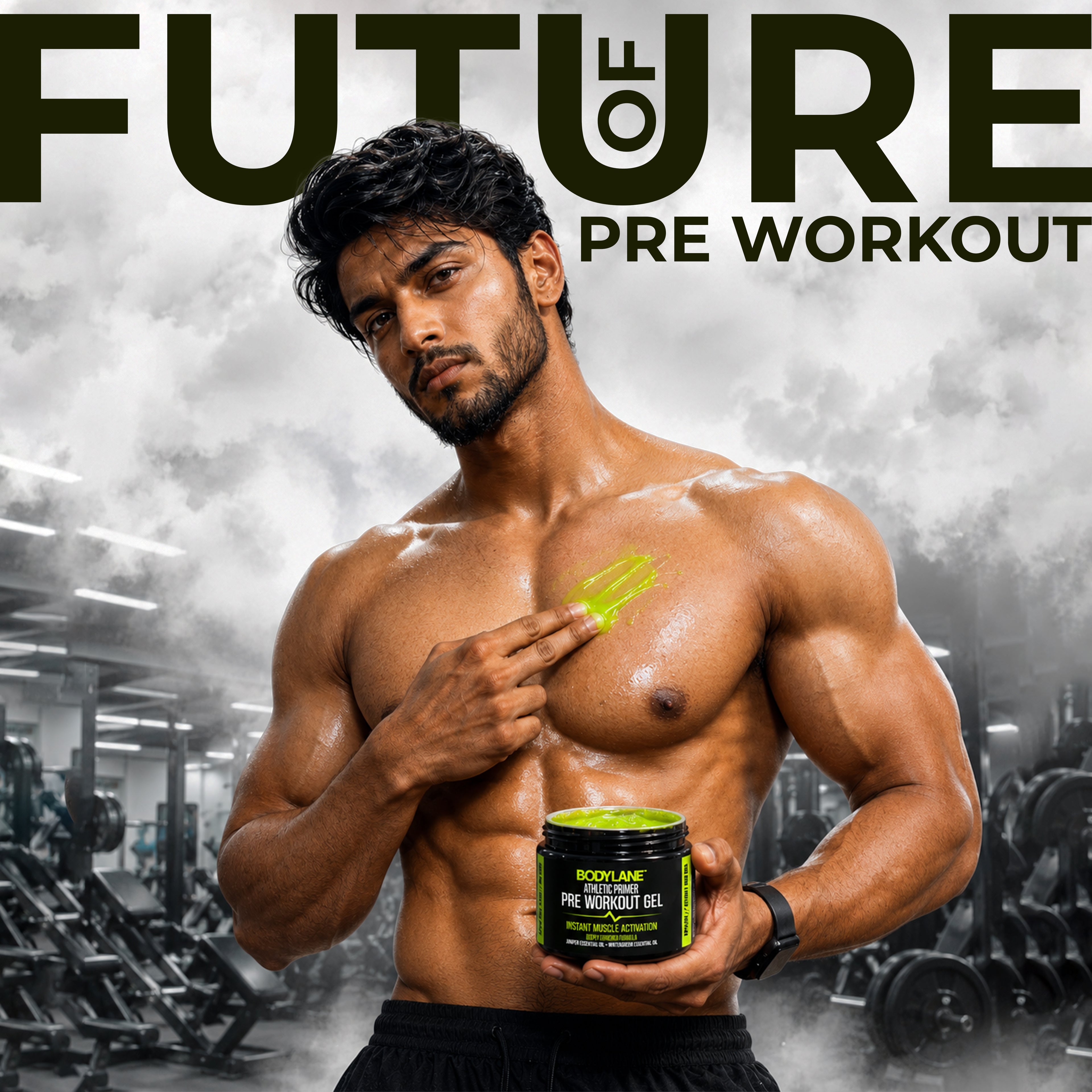 Man applying pre-workout gel in a gym setting with 'Future Pre Workout' text.
