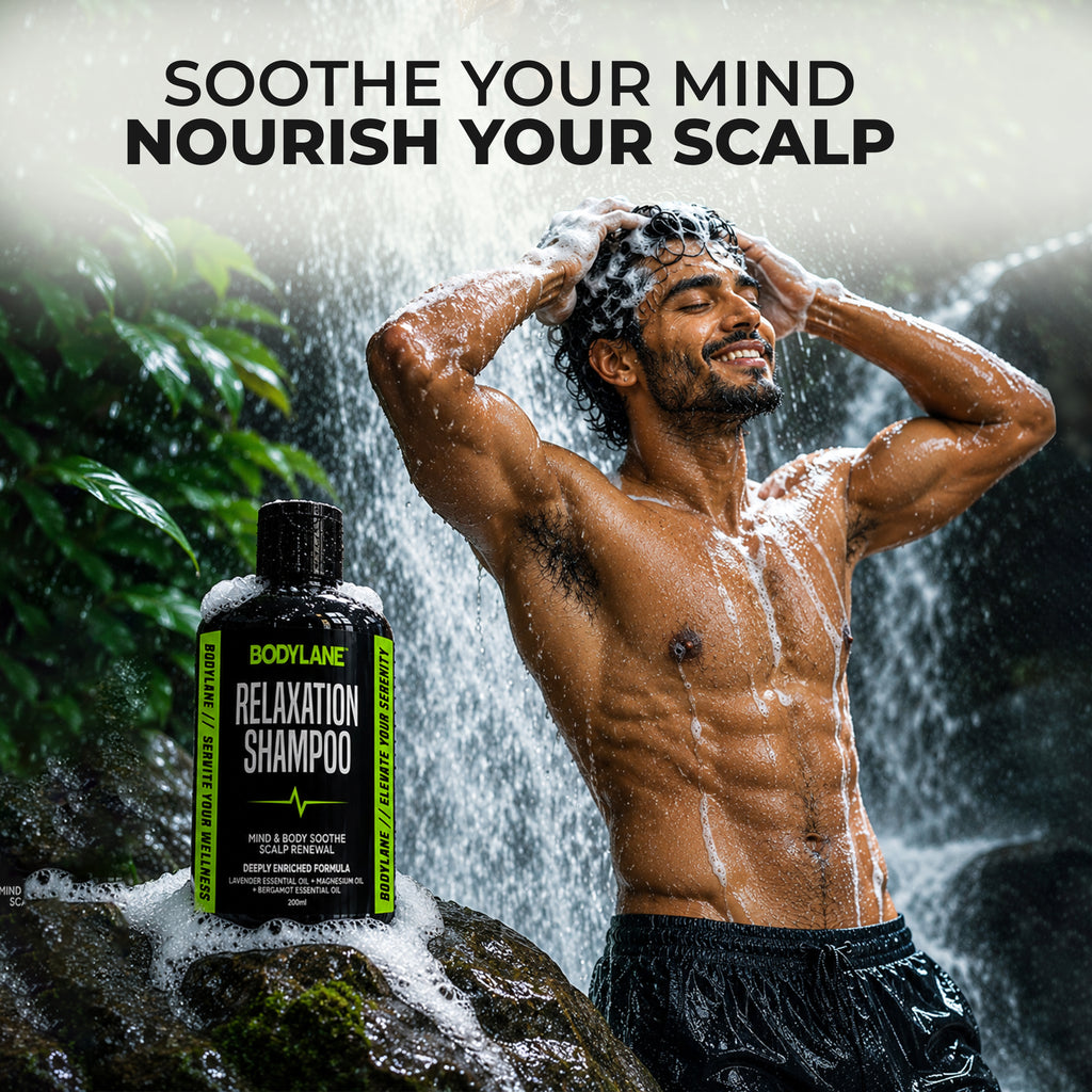 Man washing his hair with a bottle of Bodylane Relaxation Shampoo in a natural setting.