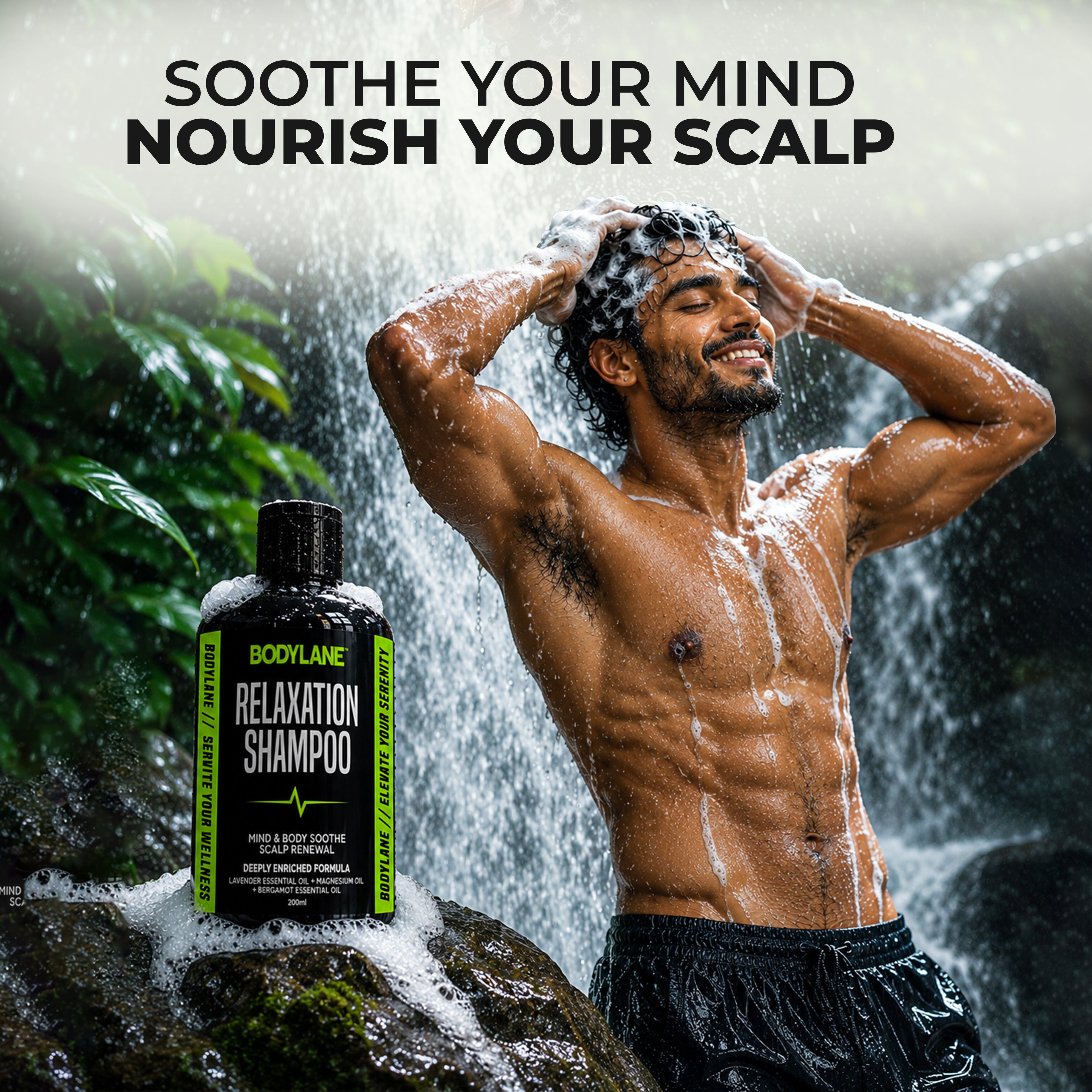 Man washing his hair with a bottle of Bodylane Relaxation Shampoo in a natural setting.