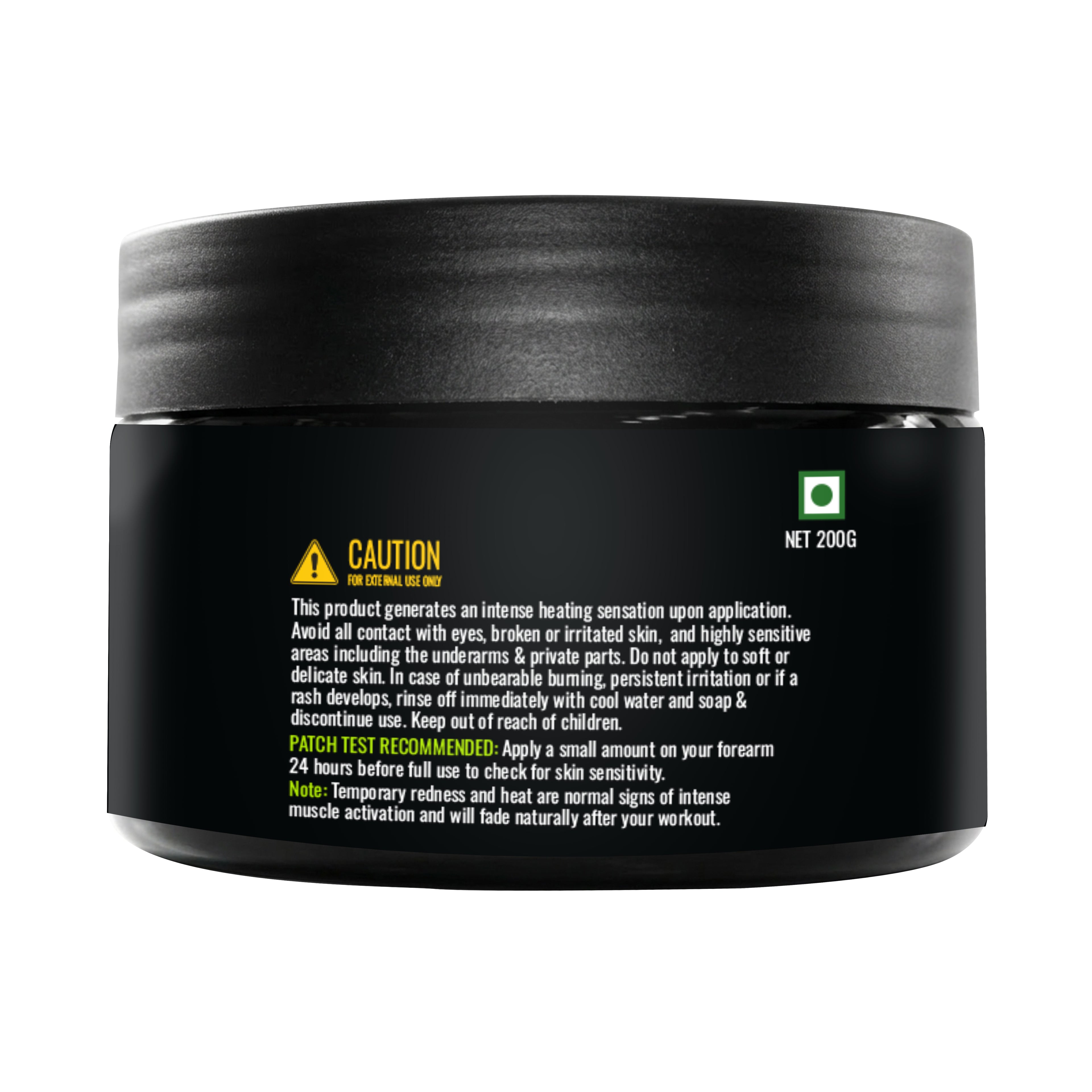 Black container with warning label on a white background